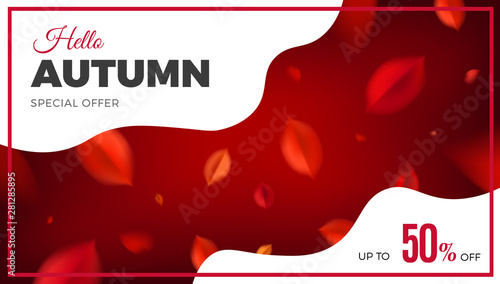 Autumn sale banner background with red leaves, fall nature vector promo design elements. Web layout template