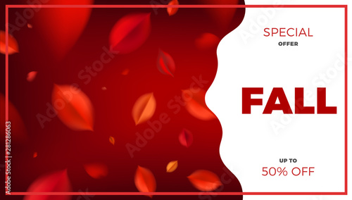 Autumn sale banner background with red leaves, fall nature vector promo design elements. Web layout template