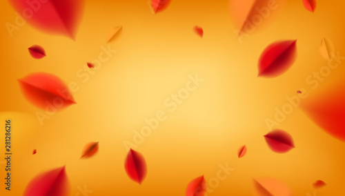 Yellow Autumn banner background with red leaves, fall nature vector design elements. Web layout template