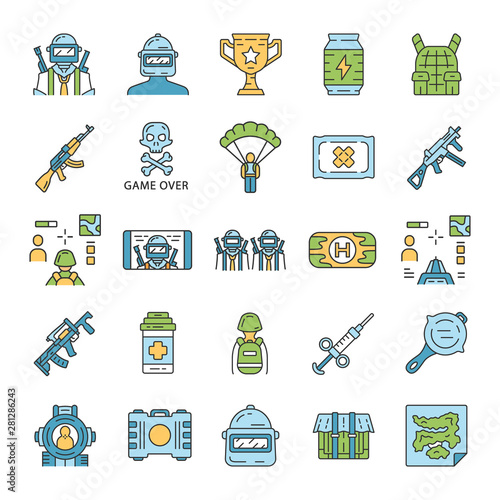 Online game inventory color icons set. Shooter from first person. Online multiplayer battle royale. Esports, cybersports equipment. Computer, video game tools. Isolated vector illustrations