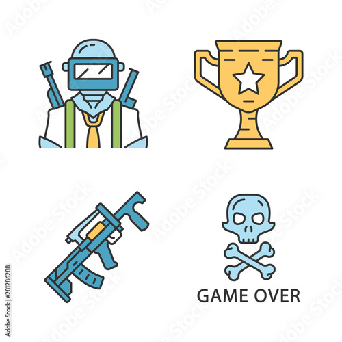 Online game inventory color icons set. Esports, cybersports. Battle royale. Computer, video game equipment. Soldier, winning cup, weapon, game over. Isolated vector illustrations