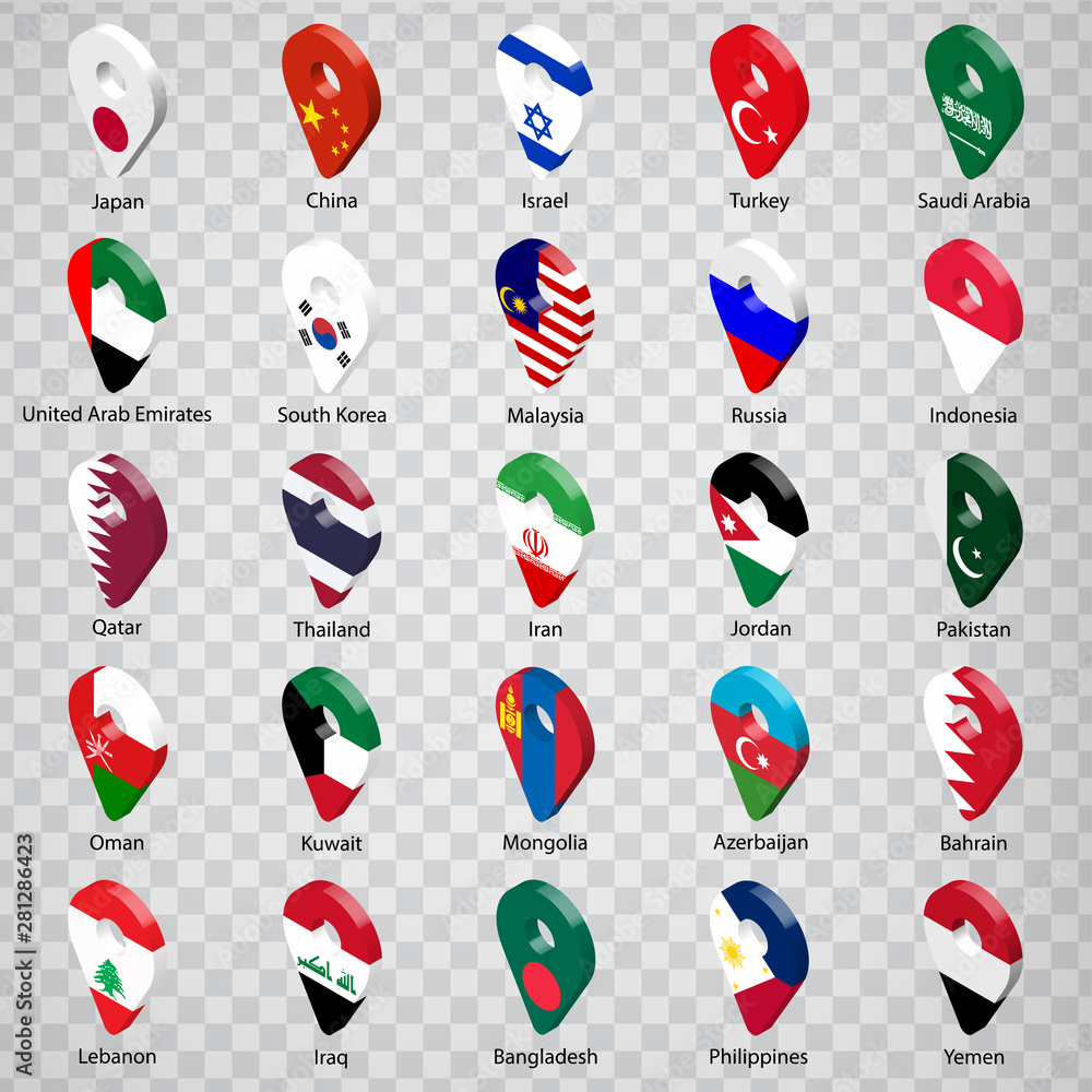 Asia Country Sign 3D geolocation signs of twenty five Asian countries with inscriptions ...