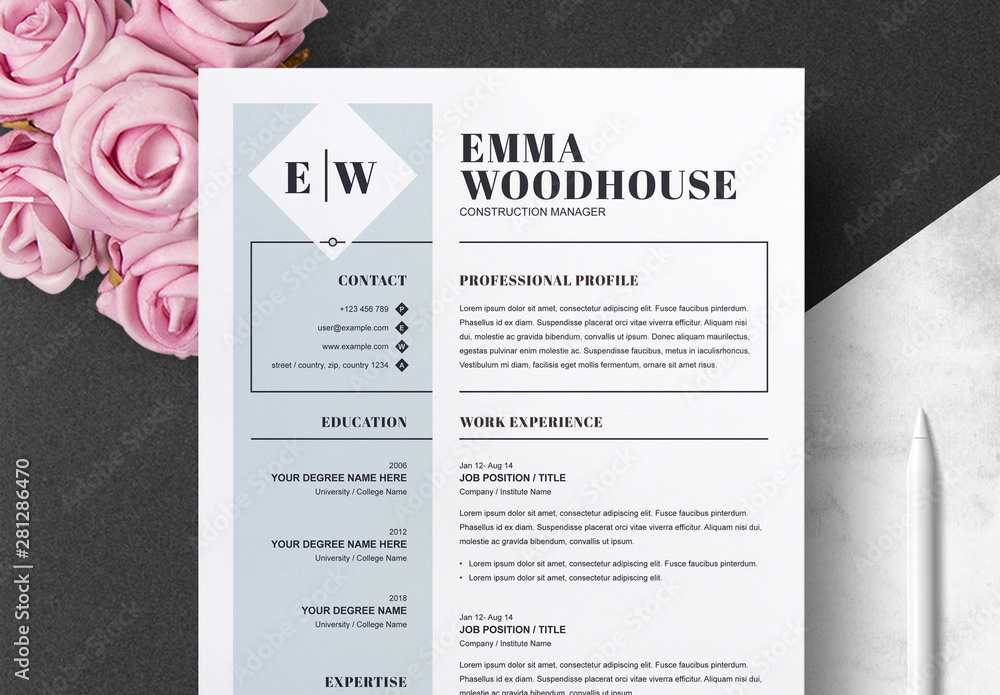 Resume and Cover Letter Layout with Blue Sidebar Stock Template Adobe