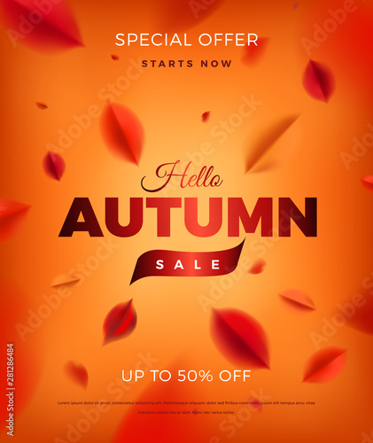 Autumn sale poster vertical background with red leaves, fall nature vector promo design elements. Web banner layout template