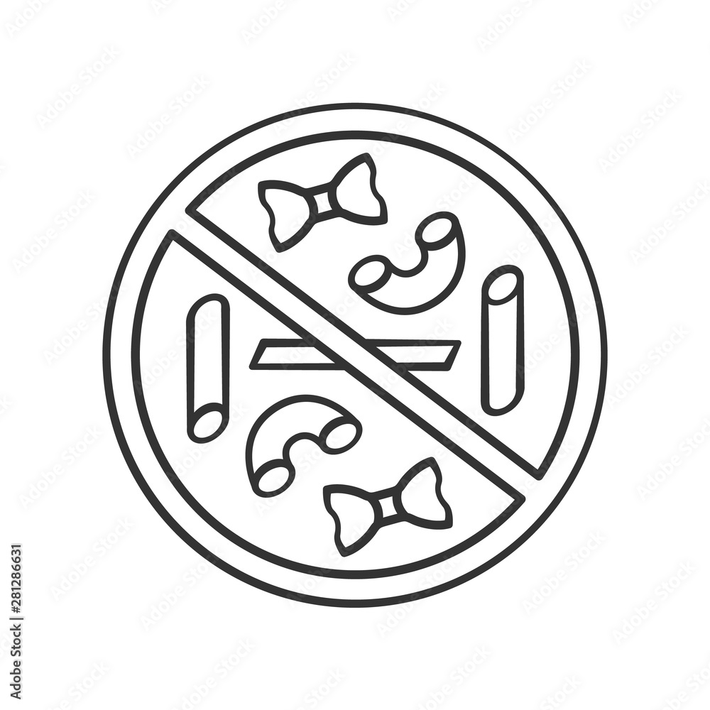 No pasta eating linear icon. Carbs and gluten free label. Thin line illustration. Weight loss diet. Durum wheat flour product. Contour symbol. Vector isolated outline drawing. Editable stroke No pasta eating linear icon. Carbs and gluten free label. Thin line illustration. Weight loss diet. Durum wheat flour product. Contour symbol. Vector isolated outline drawing. Editable stroke