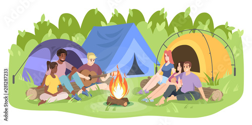 Summer camp recreation flat vector illustration. Young men and women, campers cartoon characters. Friends sit by campfire, playing guitar. Summer vacation, nature rest isolated on white background