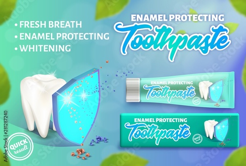 Advertising design concept of the enamel protecting toothpaste. 3d vector illustration of white tooth under the shield.