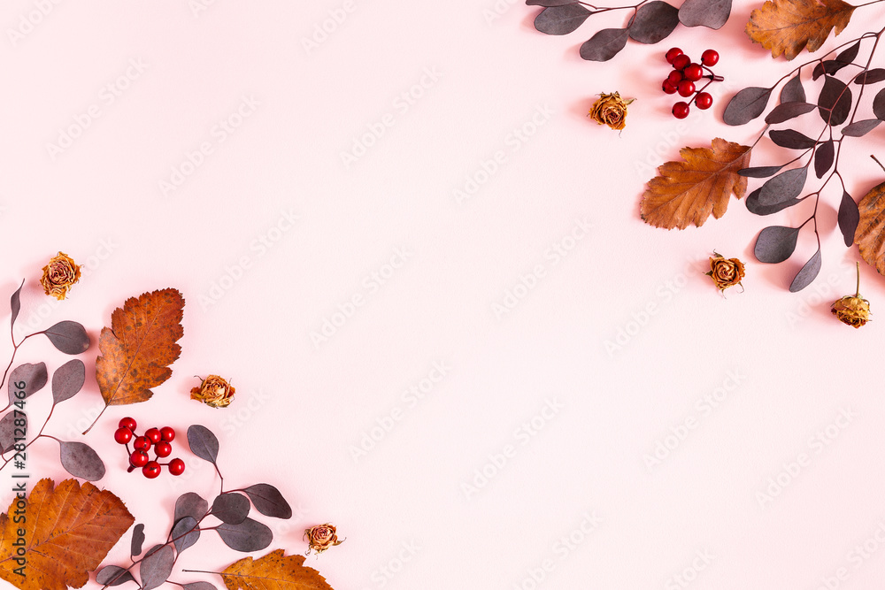 Fototapeta Autumn composition. Frame made of dried leaves, flowers on pink background. Autumn, fall concept. Flat lay, top view, copy space