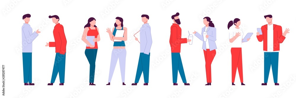 Modern cartoon flat people characters talking, colourful contour style. Colorful character people in conversation. Business people. Friendly conversation. Colleagues Modern cartoon flat people characters talking, colourful contour style. Colorful character people in conversation. Business people. Friendly conversation. Colleagues