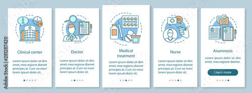 Medicine and healthcare onboarding mobile app page screen vector template. Medical care, treatment patient. Hospital. Website steps with linear illustrations. UX, UI, GUI smartphone interface concept