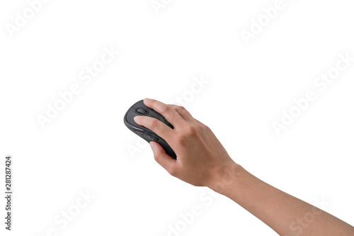 hand holding wireless black mouse on white background and clipping path