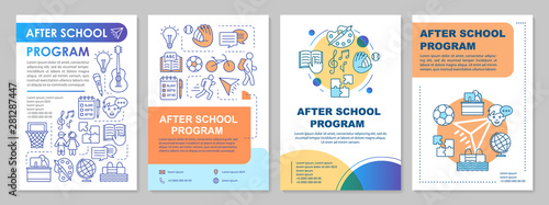 After school program cover design brochure template layout. Afterschool learning center. Flyer, booklet, leaflet print design with linear illustrations. Vector page layouts for annual reports, posters
