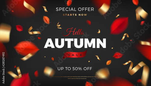 Autumn sale background, nature design elements with red leaves