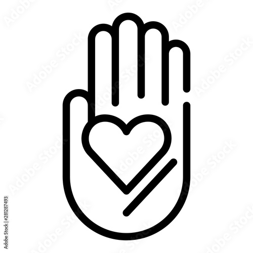 Heart on the palm icon. Outline heart on the palm vector icon for web design isolated on white background