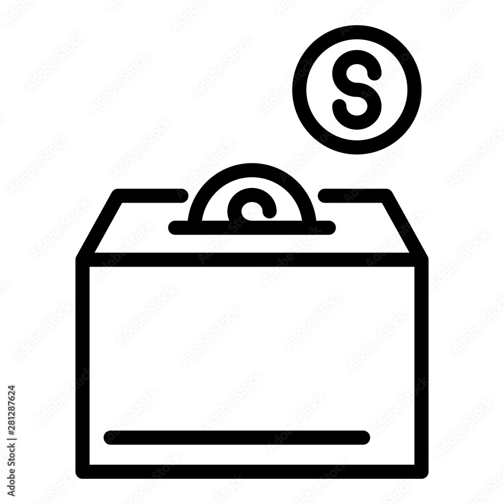 Coins and charity box icon. Outline coins and charity box vector icon for web design isolated on white background Coins and charity box icon. Outline coins and charity box vector icon for web design isolated on white background