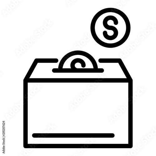 Coins and charity box icon. Outline coins and charity box vector icon for web design isolated on white background