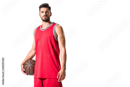 handsome basketball player with ball looking at camera Isolated On White