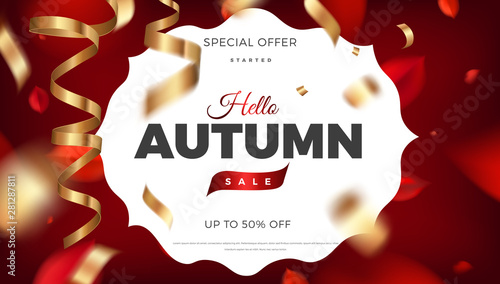 Autumn sale banner background with red leaves and golden confetti decoration, vector promo design elements. Web layout, fall template