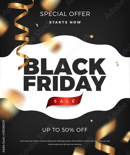 Black Friday sale poster vertical background with golden cerpentine vector promo design elements. Web banner layout template photo