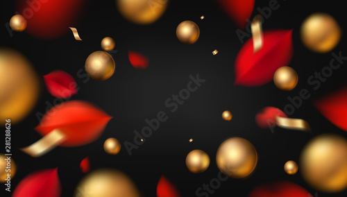 Autumn golden background, nature design elements with red leaves