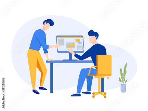 Company Strategy Planning teamwork Concept. Office workplace for Business Analysis. Meeting, discussion, presentation, workspace. Vector illustration