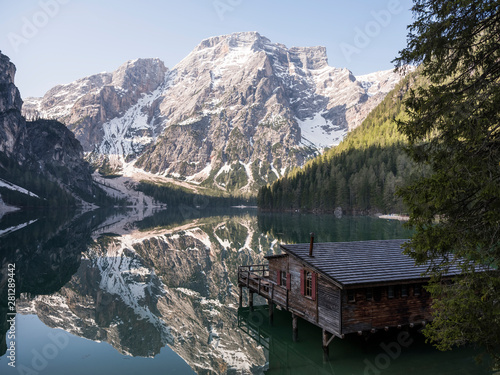 Italy, South Tyrol, Dolomites, Lago di Braies, Fanes-Sennes-Prags Nature Park in the morning light photo