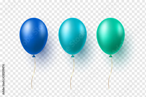 Set of vector glossy balloons in blue and green colors. 3d realistic decorative elements for holiday design. Isolated on transparent background.