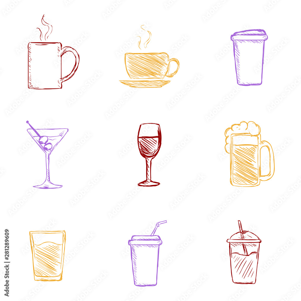 Vector Set of Color Sketch Drinks Icons.