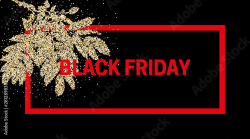 Black friday sale. Dark background with autumn leaves strewn with bright glitter scattering of particles. Sale banner, web poster, discount coupon flyer. Vector illustration.