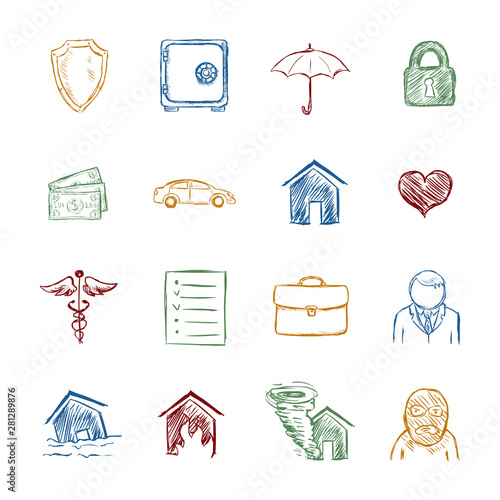 Vector Set of Color Sketch Insurance Icons