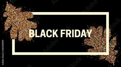 Black friday sale. Dark background with autumn leaves strewn with bright glitter scattering of particles. Sale banner, web poster, discount coupon flyer. Vector illustration.