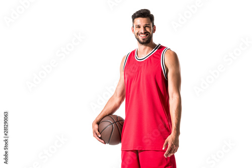 smiling basketball player with ball looking at camera Isolated On White
