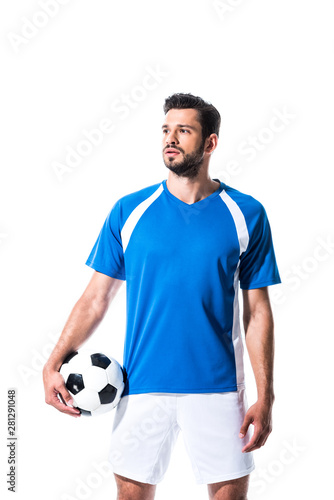 soccer player with ball looking away Isolated On White