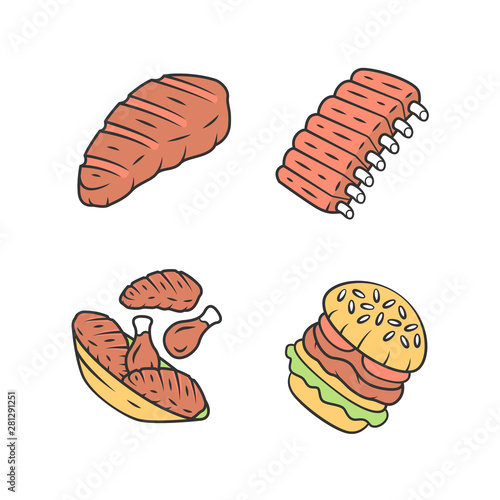 Meat dishes color icons set. Steak, beef ribs, chicken legs, burger. Fast food. Butcher shop product. Restaurant, grill bar, steakhouse menu. Isolated vector illustrations