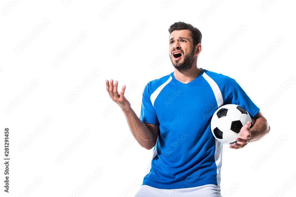 disappointed soccer player with ball Gesturing Isolated On White