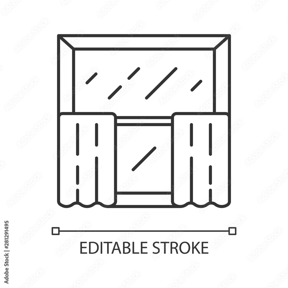 Cafe curtains linear icon. Kitchen decor. Tiers hanging on cafe curtain rods. Window treatments, coverings. Thin line illustration. Contour symbol. Vector isolated outline drawing. Editable stroke Cafe curtains linear icon. Kitchen decor. Tiers hanging on cafe curtain rods. Window treatments, coverings. Thin line illustration. Contour symbol. Vector isolated outline drawing. Editable stroke