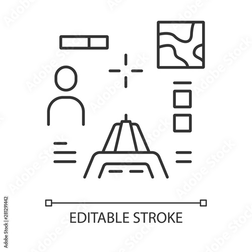 Shooter from first person linear icon. Virtual video game. Online multiplayer. Cybersport, esport mission. Thin line illustration. Contour symbol. Vector isolated outline drawing. Editable stroke