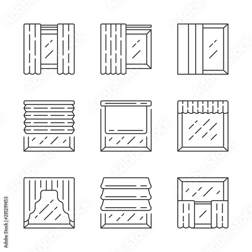 Window shutters linear icons set. oller, roman shades, panel, swags, valance. Motorized jalousie. Home interior shop. Thin line contour symbols. Isolated vector outline illustrations. Editable stroke