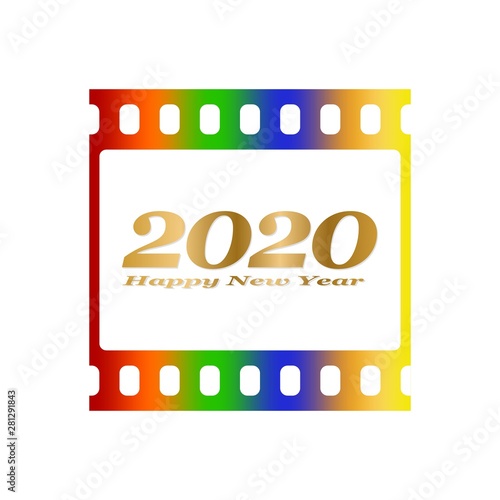 New year greetings for 2020 with colorful blank film and photographic window with golden inscription Happy new year and number 2020 on a white background