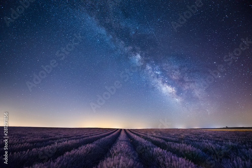 France, Provence, Lavender fields with milky way at night