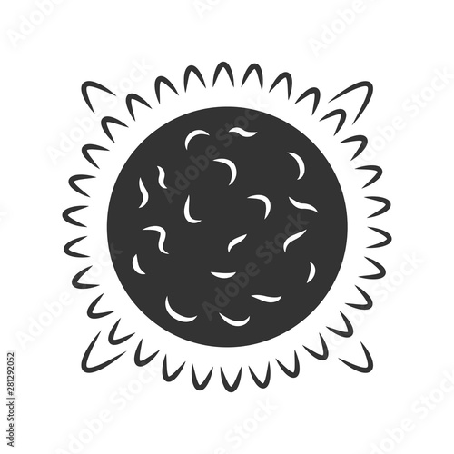 Sun glyph icon. Star in Solar System center. Hot plasma sphere. Energy source. Solar activity study. Space exploration. Astronomy. Silhouette symbol. Negative space. Vector isolated illustration