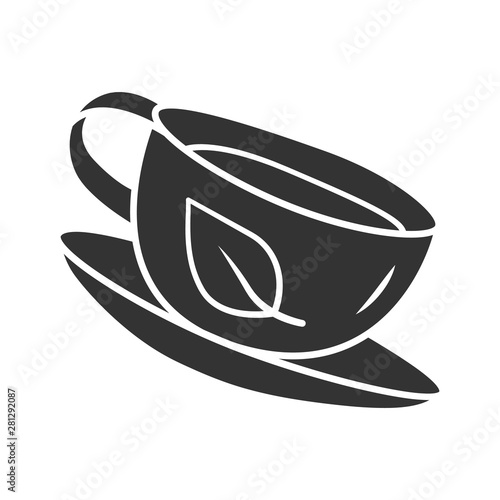 Green tea cup glyph icon. Natural, eco herbal drink. Coffee shop, cafe logo. Silhouette symbol. Detox dietary drinking. Negative space. Porcelain mug with beverage vector isolated illustration