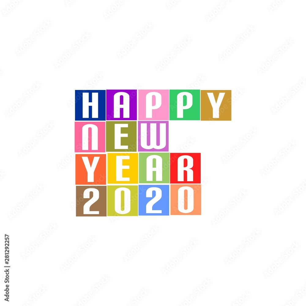 New Year Greetings for 2020 with white lettering happy new year 2020 on the colored squares in the middle on a white background New Year Greetings for 2020 with white lettering happy new year 2020 on the colored squares in the middle on a white background