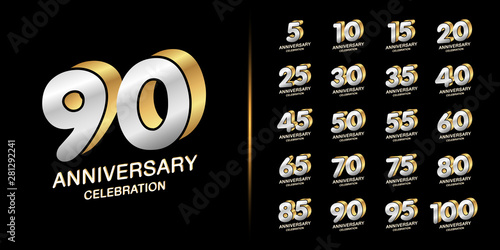 Set of premium anniversary logotype. Silver and Golden anniversary celebration emblem design for company profile, leaflet, magazine, brochure, web, invitation or greeting card.