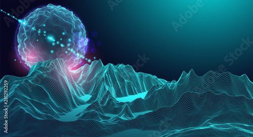 Abstract sphere. Wireframe landscape background. Futuristic vector illustration.