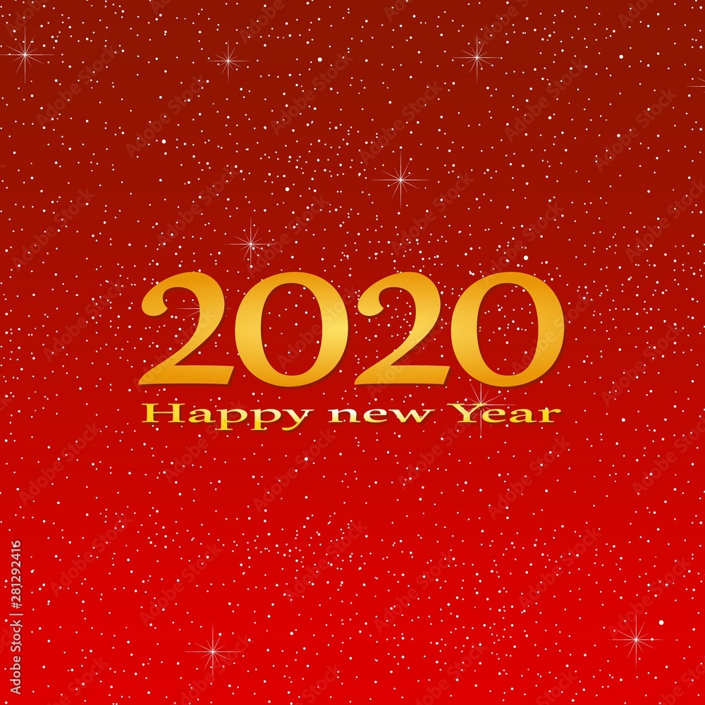 New year greetings for year 2020 with bright red background with glowing stars with yellow lights with number