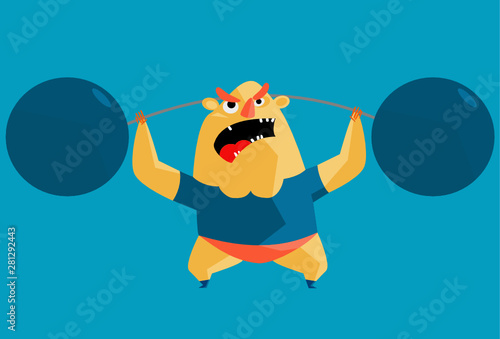 Fully editable vector illustration of a circus strongman showing his strength lifting weights