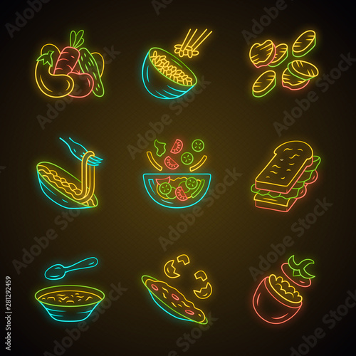Restaurant menu dishes neon light icons set. Salads, soup, main dishes. Rice, grilled vegetables, omelette, pasta, sandwich. Nutritious food. Glowing signs. Vector isolated illustrations