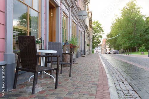 Cozy outdoor cafe in Latvia. Street view, outdoor summer restaurant