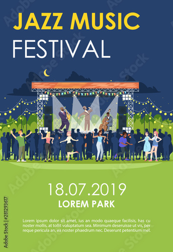 Jazz music festival brochure template. Night retro concert in park flyer, booklet, leaflet concept with flat illustrations. Vector page layout for magazine. advertising invitation with text space